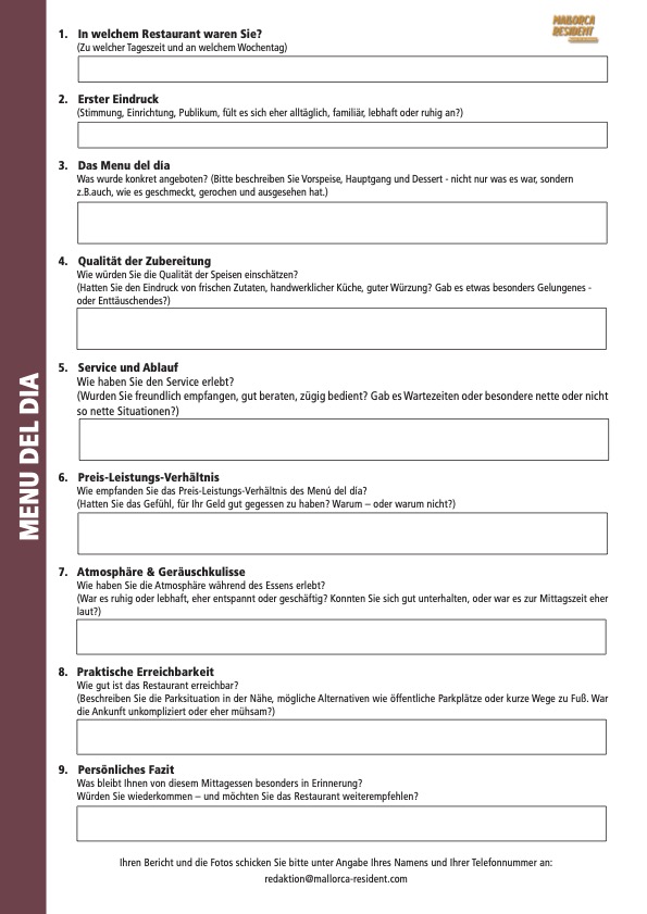 Lesertester Fragebogen Menu del Dia